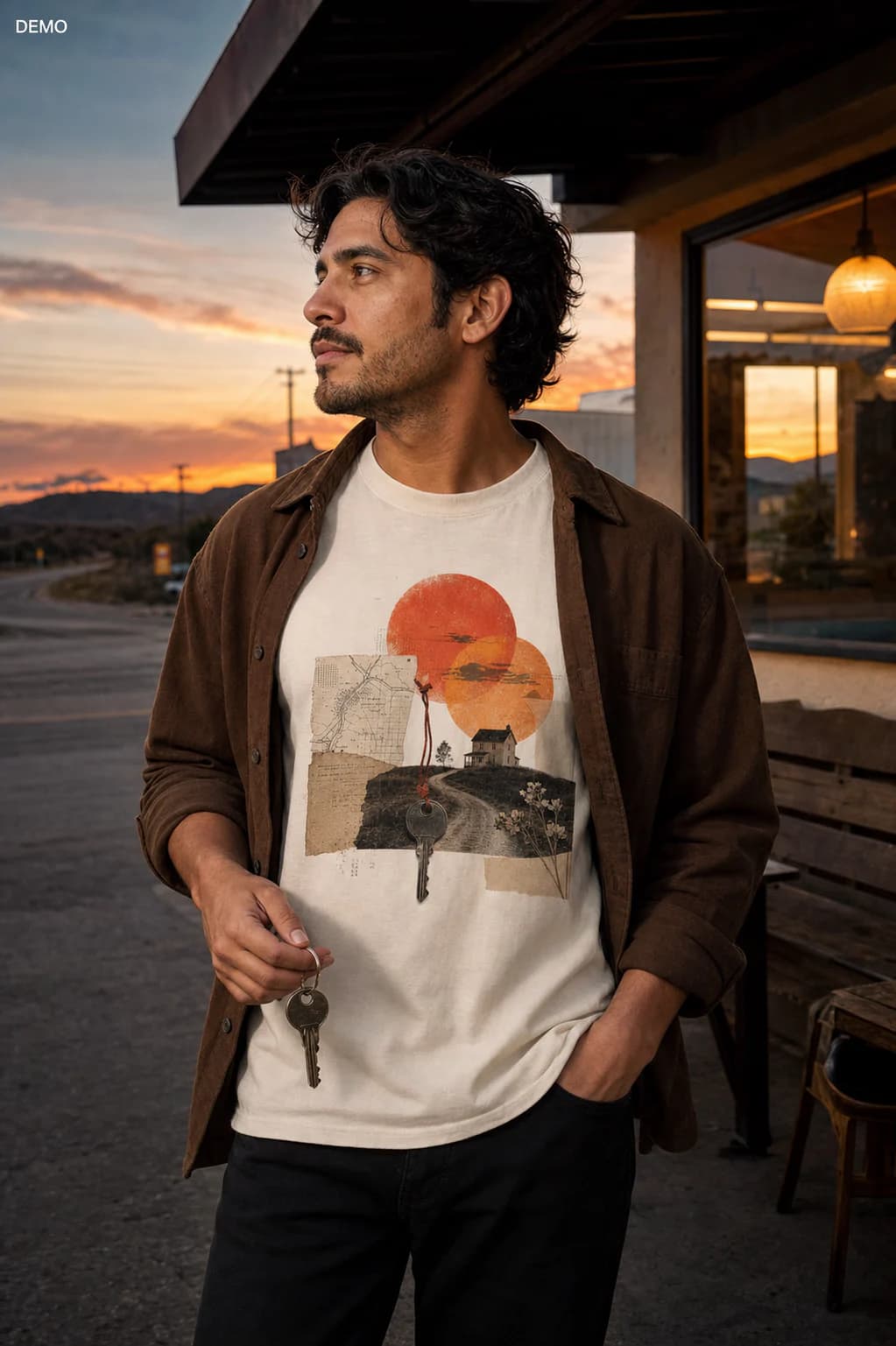 AI demo persona Mateo at sunset wearing the matching road, two suns, house, and key memory graphic