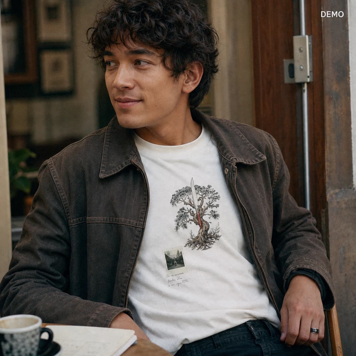 Demo persona Mateo in a warm cafe doorway wearing an archive memory graphic tee