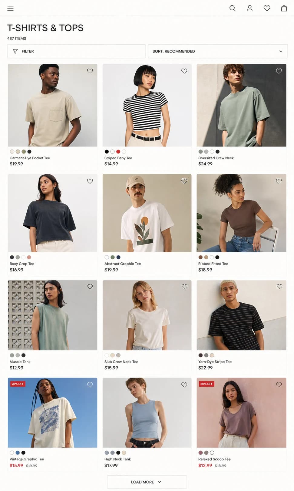 Fictional demo fashion catalog with filters, prices, discounts, and twelve different products