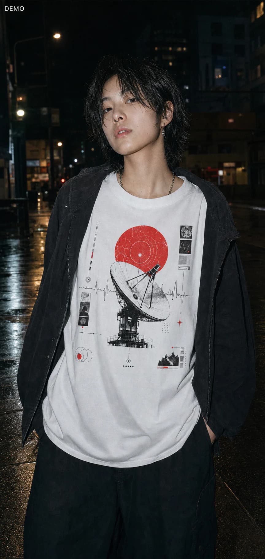 AI demo persona Maya after midnight wearing the matching satellite dish, red beacon, and pulse-line graphic