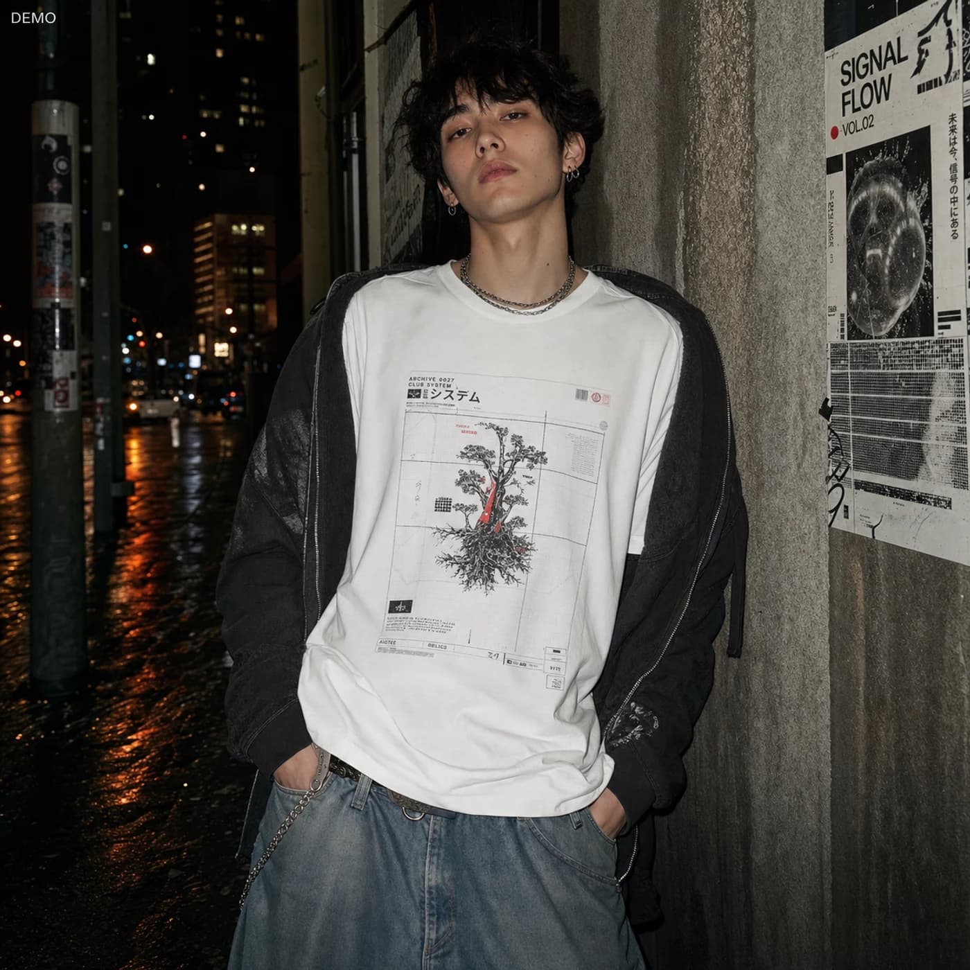 Demo persona Maya in a flash streetwear photo wearing an archive club-system graphic tee