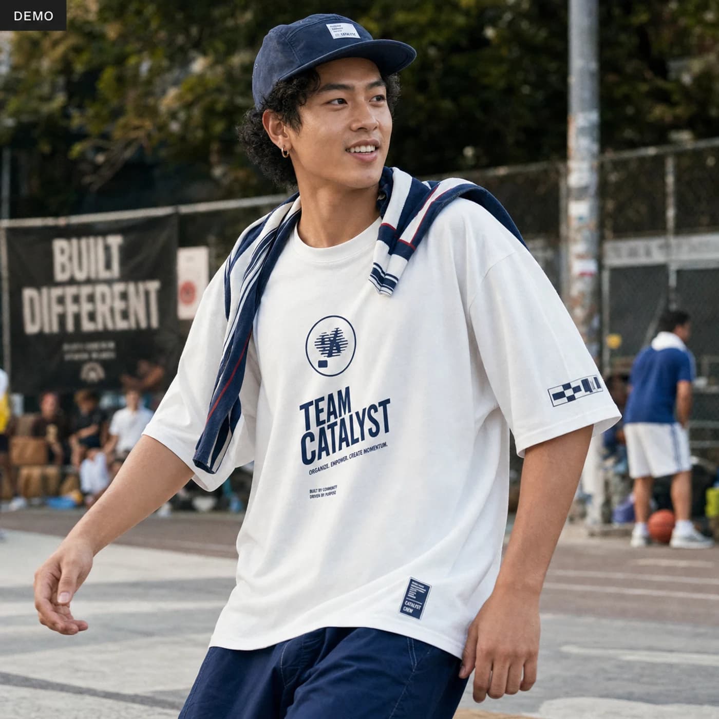 Demo persona Nia in a sporty streetwear team identity tee at a community court