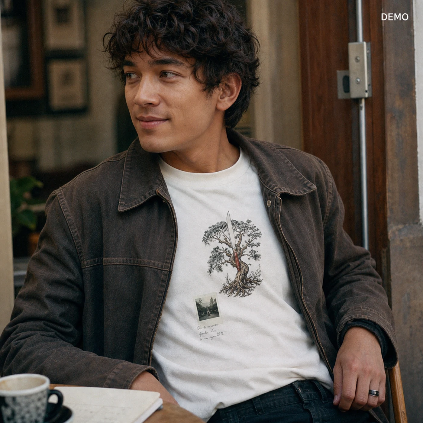 Demo persona Mateo in a warm cafe doorway wearing an archive memory graphic tee
