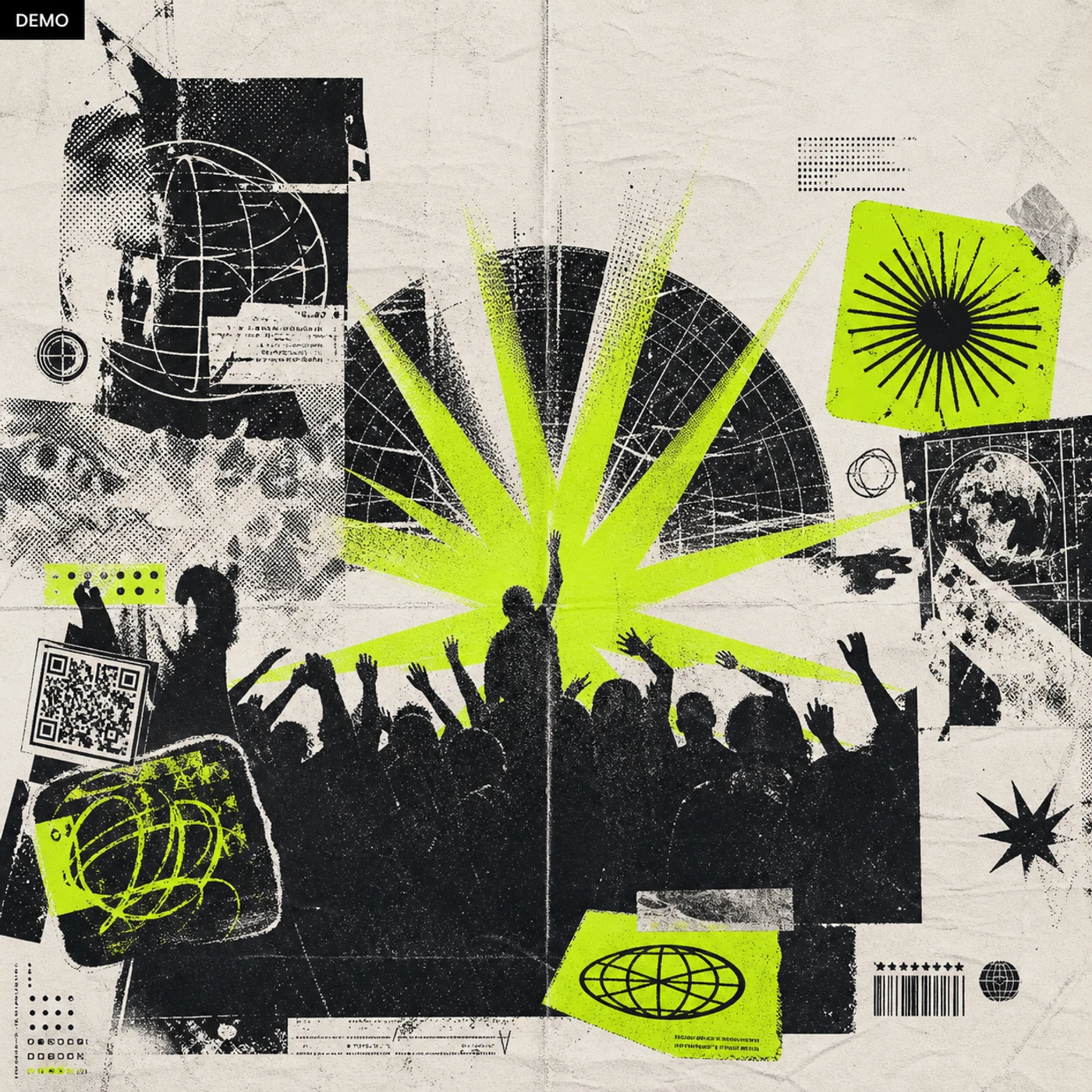 Demo artwork of a black and acid-green creator drop poster collage with crowd silhouettes