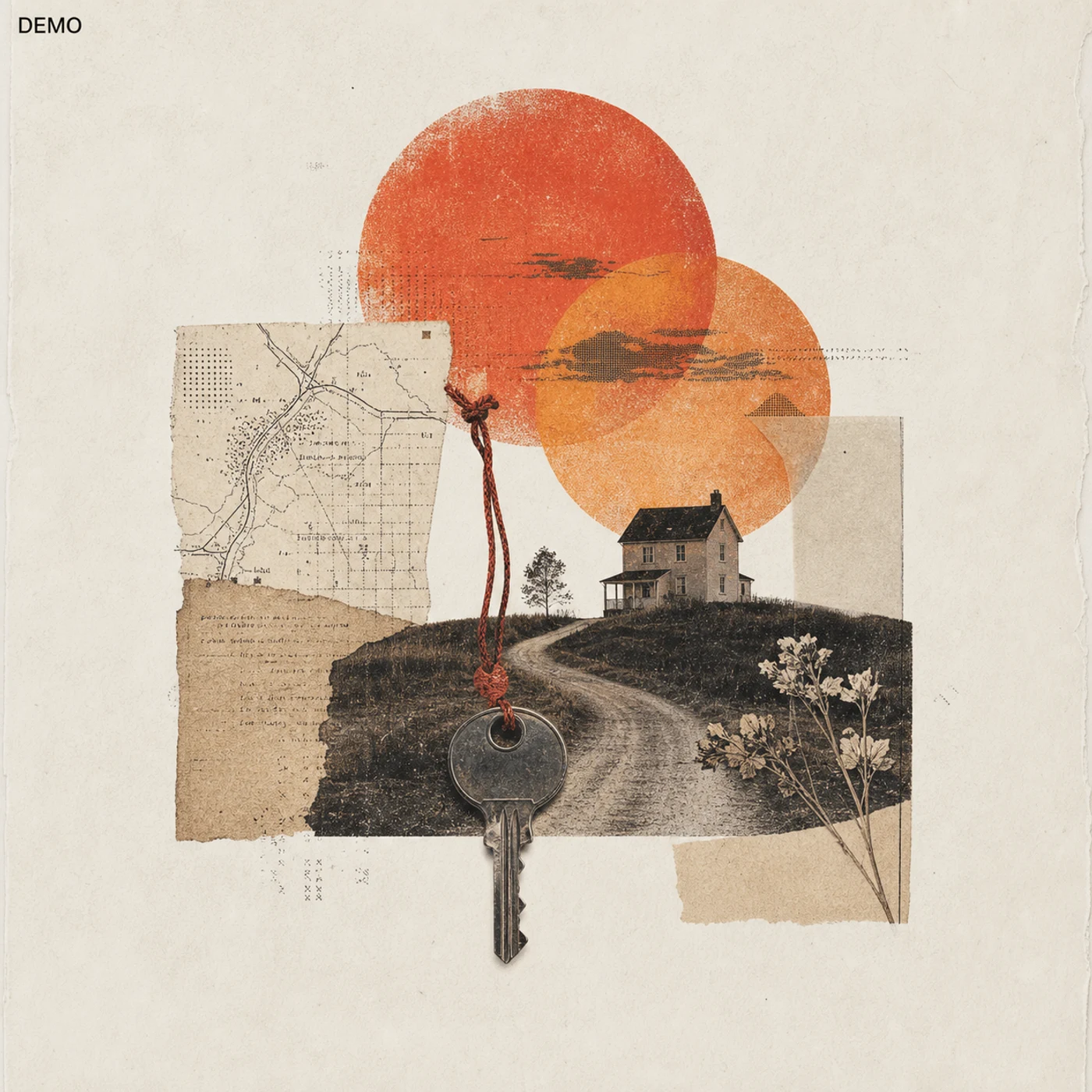 Demo artwork of a house key, map fragment, road, flowers, and two overlapping sunsets
