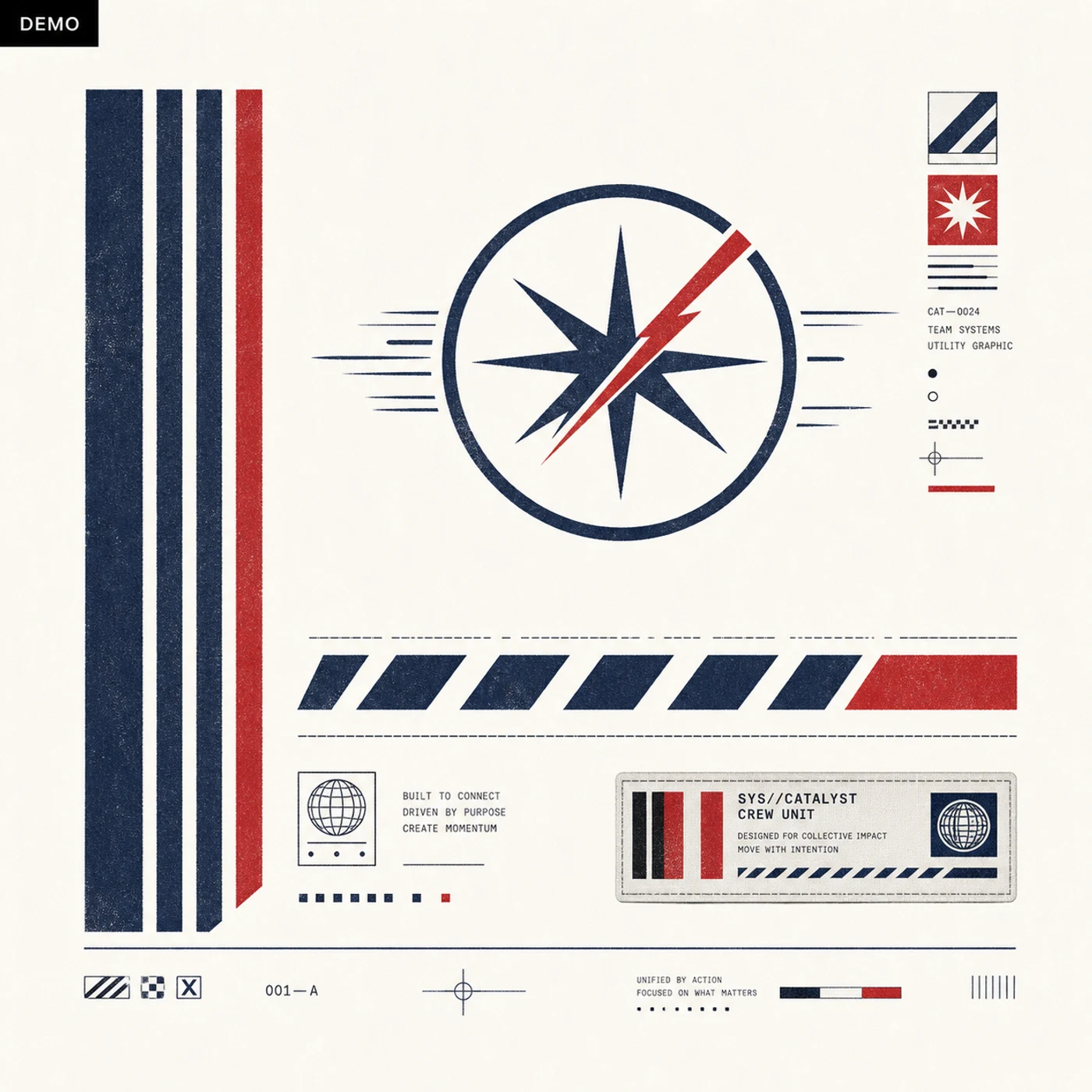 Demo artwork of a navy and red catalyst badge system with scarf stripes